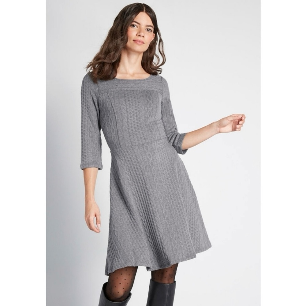 ModCloth Braid My Entire Day Dress in Grey sz Small Knit Workwear Fit-and-Flare